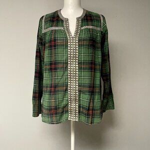 J.Crew Green Sze 2 Plaid Embroidered Long Sleeve Cotton Peasant Blouse Comfy